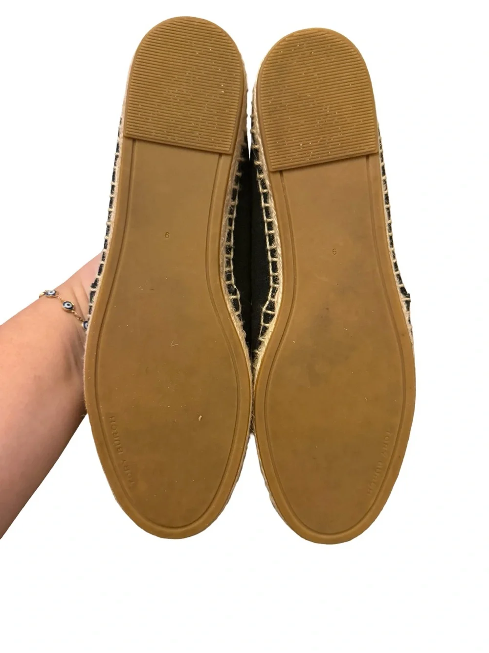 Tory Burch Black Canvas Espadrille Flats with Beige Leather Cap Toe Logo Sz 9